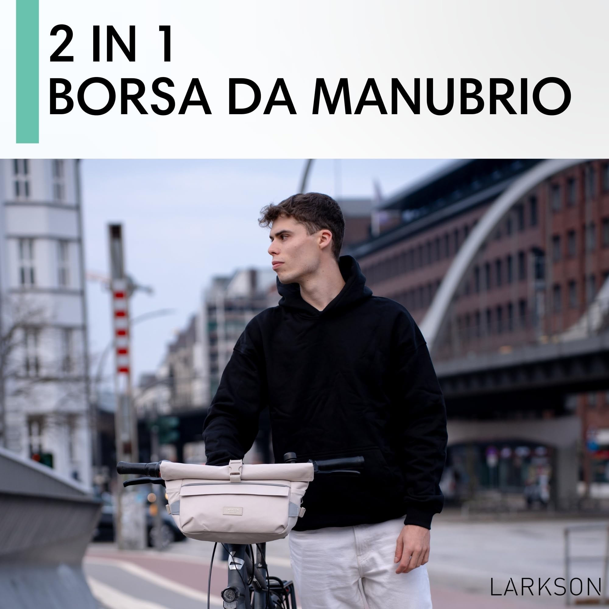 LARKSON Borsa Manubrio Bici Grigio - Lasse - 2 in 1 Borsa Bicicletta e Tracolla - Borsa Bikepacking per Manubrio Anteriore con Riflesso - Idrorepellente