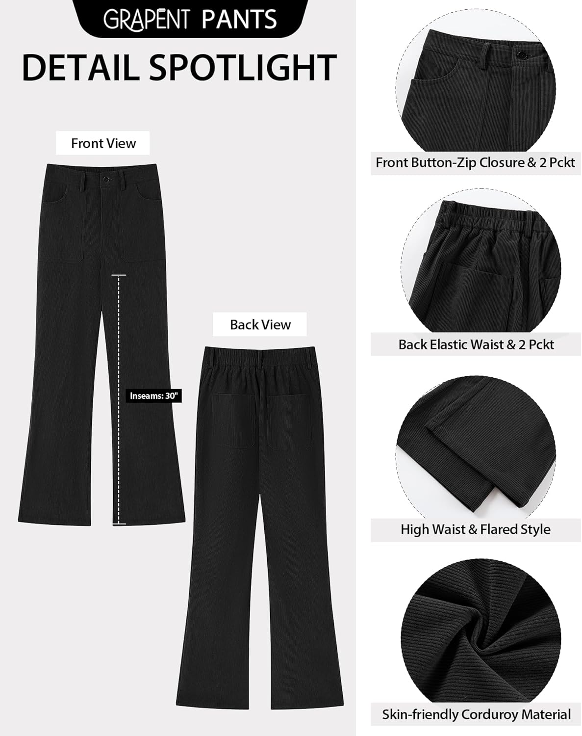 GRAPENT Corduroy Pants for Women Flare High Waisted Fall Winter Elastic Waist Stretchy Work Casual Trendy Wide Leg Pants - Image 4