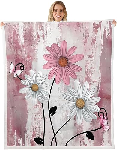 Abstract Oil Painting Flannel Blanket,Rustic Farmhouse Bedroom Living Room Soft Cozy Fleece,Watercolor Daisy Butterfly Blankets Decor for Bed Couch