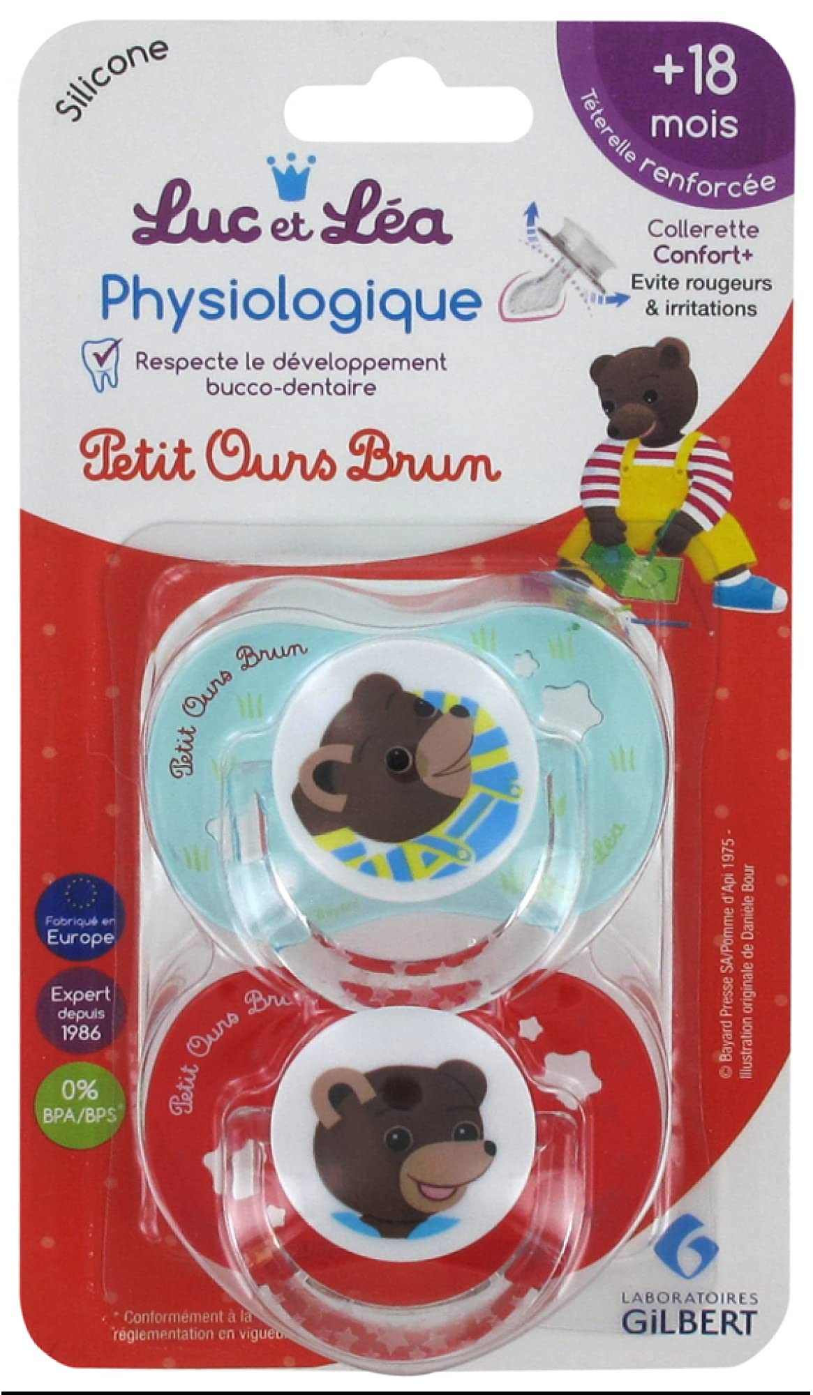 Luc et Léa 2 Physiological Silicone Soothers with Ring 18 Months and + - Petit Ours Brun