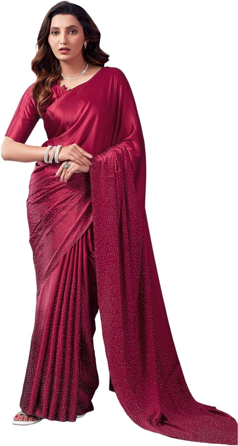 Women's Satin Silk Hot Fixing Saree with Unstitched Blouse Piece
