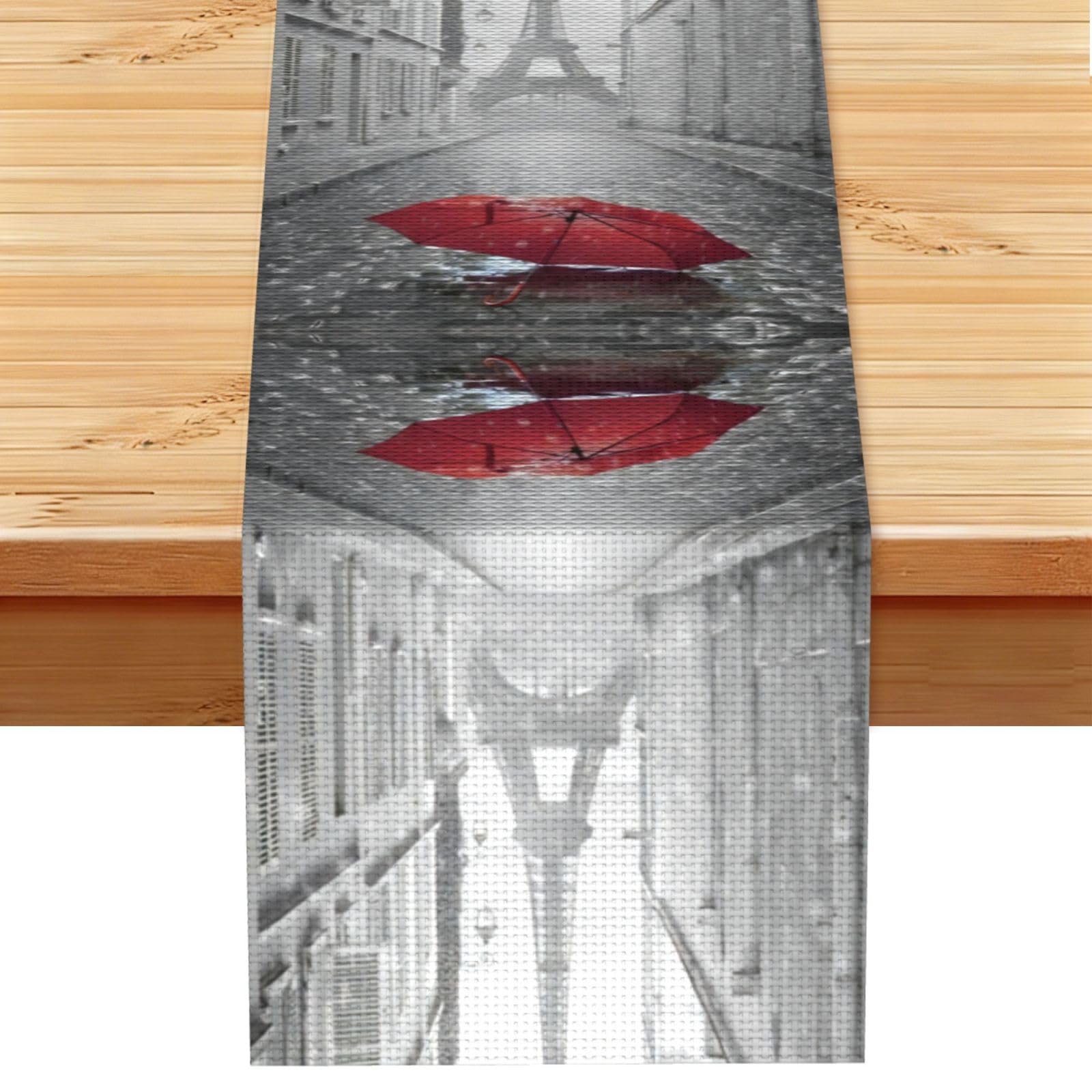 Eiffel Tower Paris Street Red Umbrella Linen Feel Table Runner Wedding Party Home Decoration