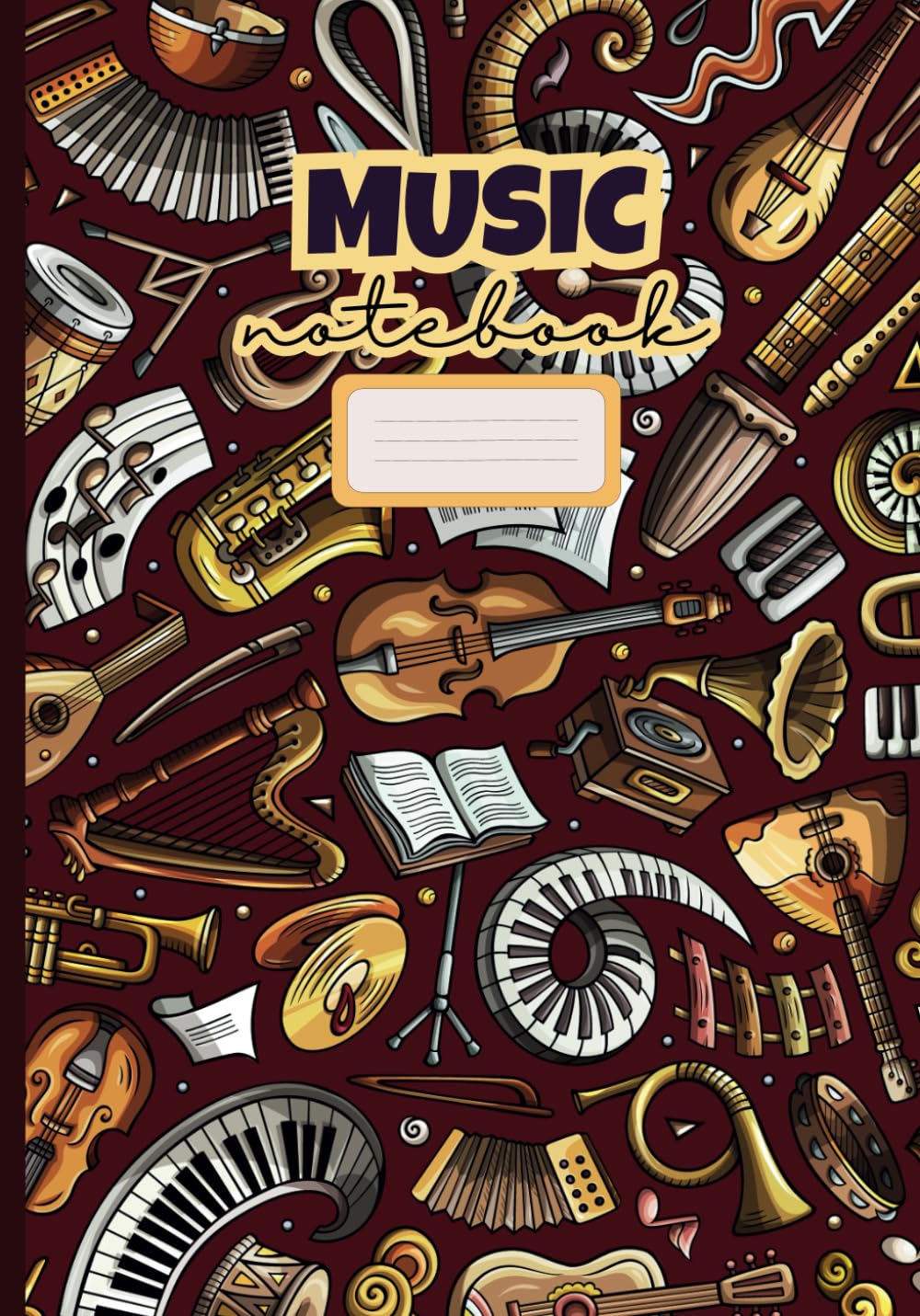 Musical Instrument-Themed Music Notebook, 32 pages, small size A5 (5.8 x 8.3 inches): 5 lines blank sheet music manuscript