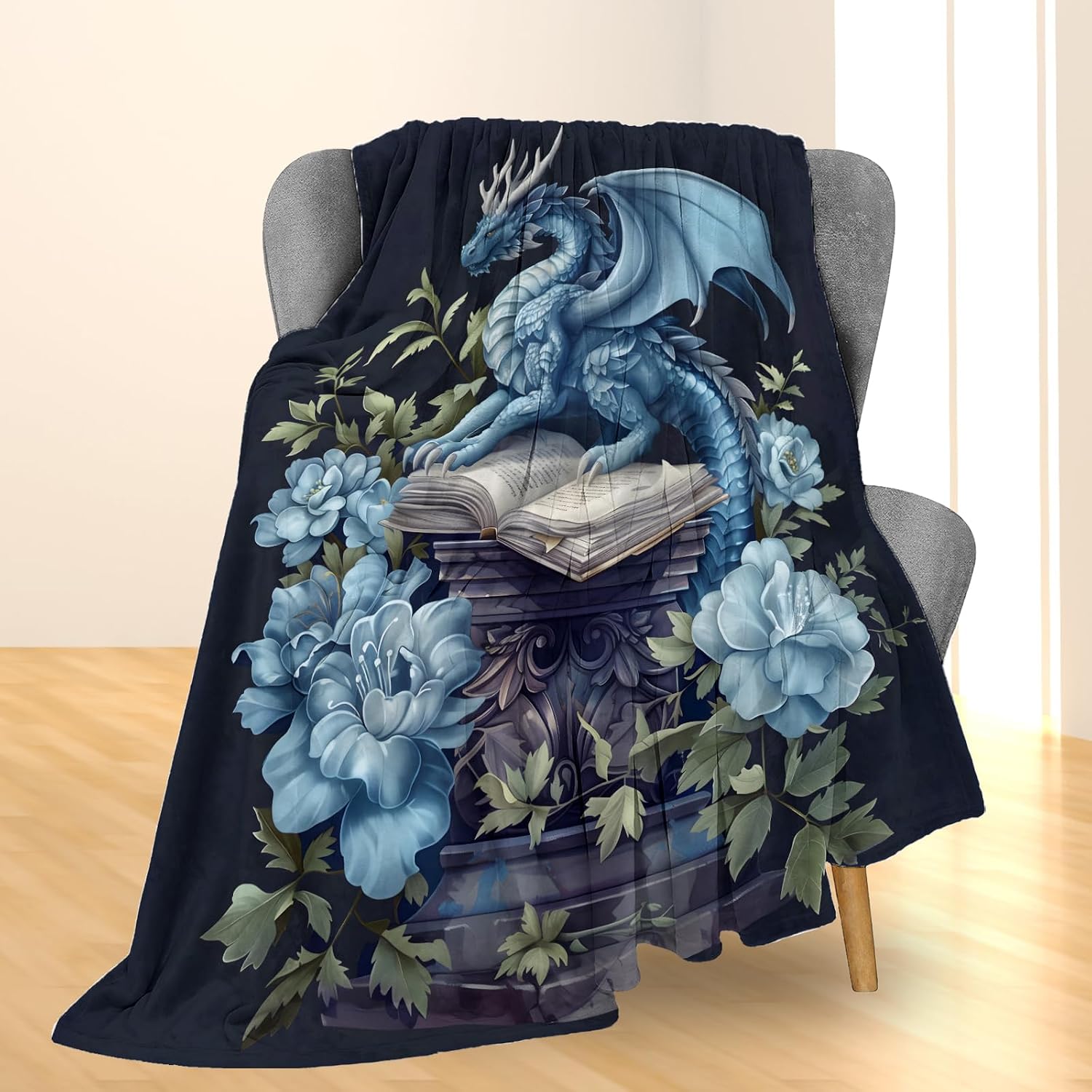 Fantasy Dragon Book Blanket Gifts, Flannel Throw Blanket with Flowers for Couch, Bed, Travel & Decor, Cozy Lightweight Warm Animal Blankets for Adults Women Book Lovers 60×50 in