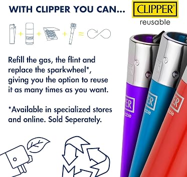 Clipper Classic Large Reusable Lighter, 9 Pack | Premium Refillable, Replace Butane & Flint, Unlimited Lights, Designs and Colors Vary