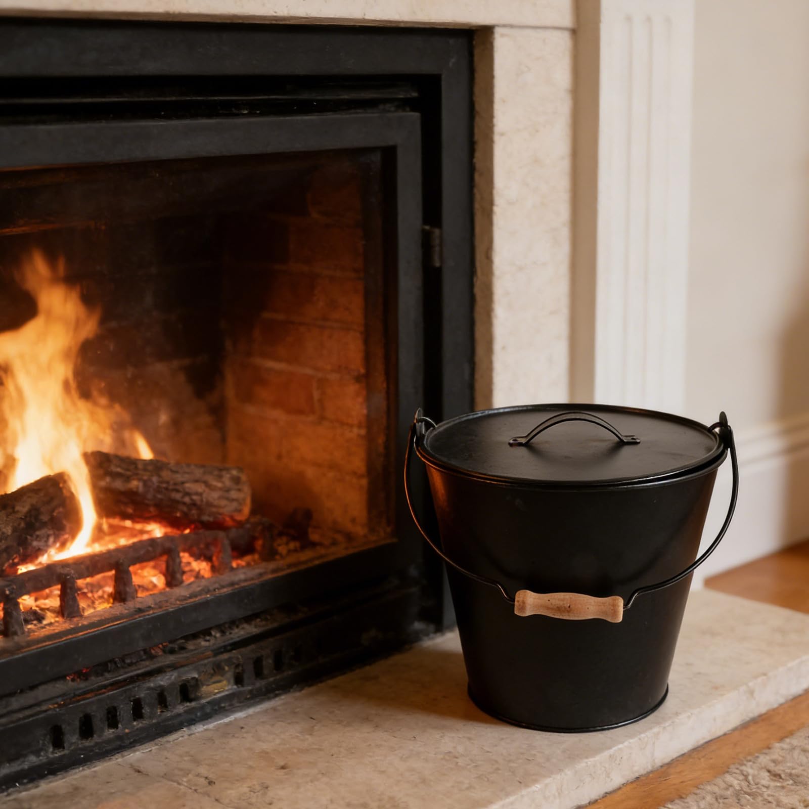 Hemobllo Cubo de Metal Negro para Cenizas con Tapa Segura y Asa de Madera, Adecuado para Estufas de Leña y Quemadores de Interior, para Recolectar Cenizas