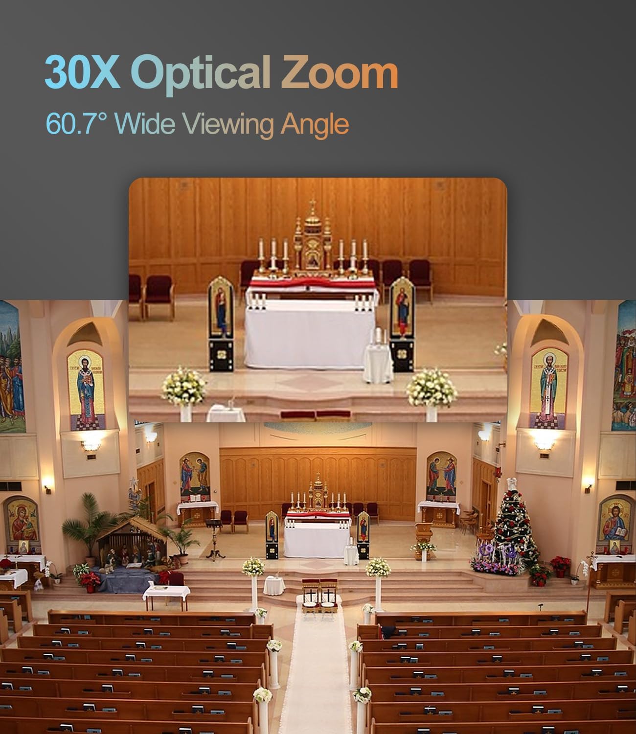 Runpu NDI PTZ Camera demonstrating 30X Optical Zoom in a church setting