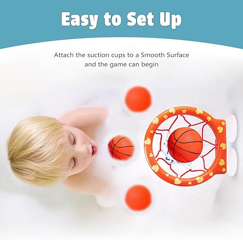 Miniatura 6 de MARPPY Juguetes de baño aro de baloncesto para bañera para niños pequeños y niños, juguete de ducha sin moho con 4 bolas sin agujeros, divertidos