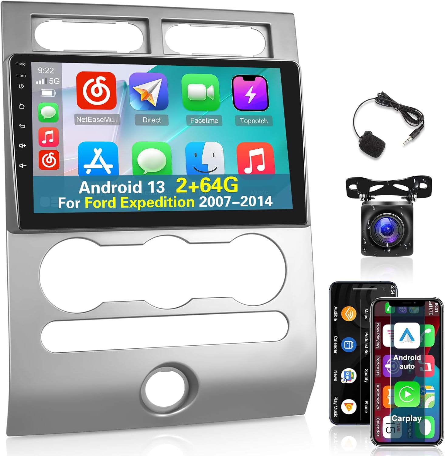 [2+64G] NHOPEEW Car Radio for Ford Expedition 2007-2014 with Wireless Carplay and Android Auto - 9 Inch Touchscreen Android 13 Car Stereo - DSP/Multiple UI/WiFi/GPS/SWC + AHD Backup Camera