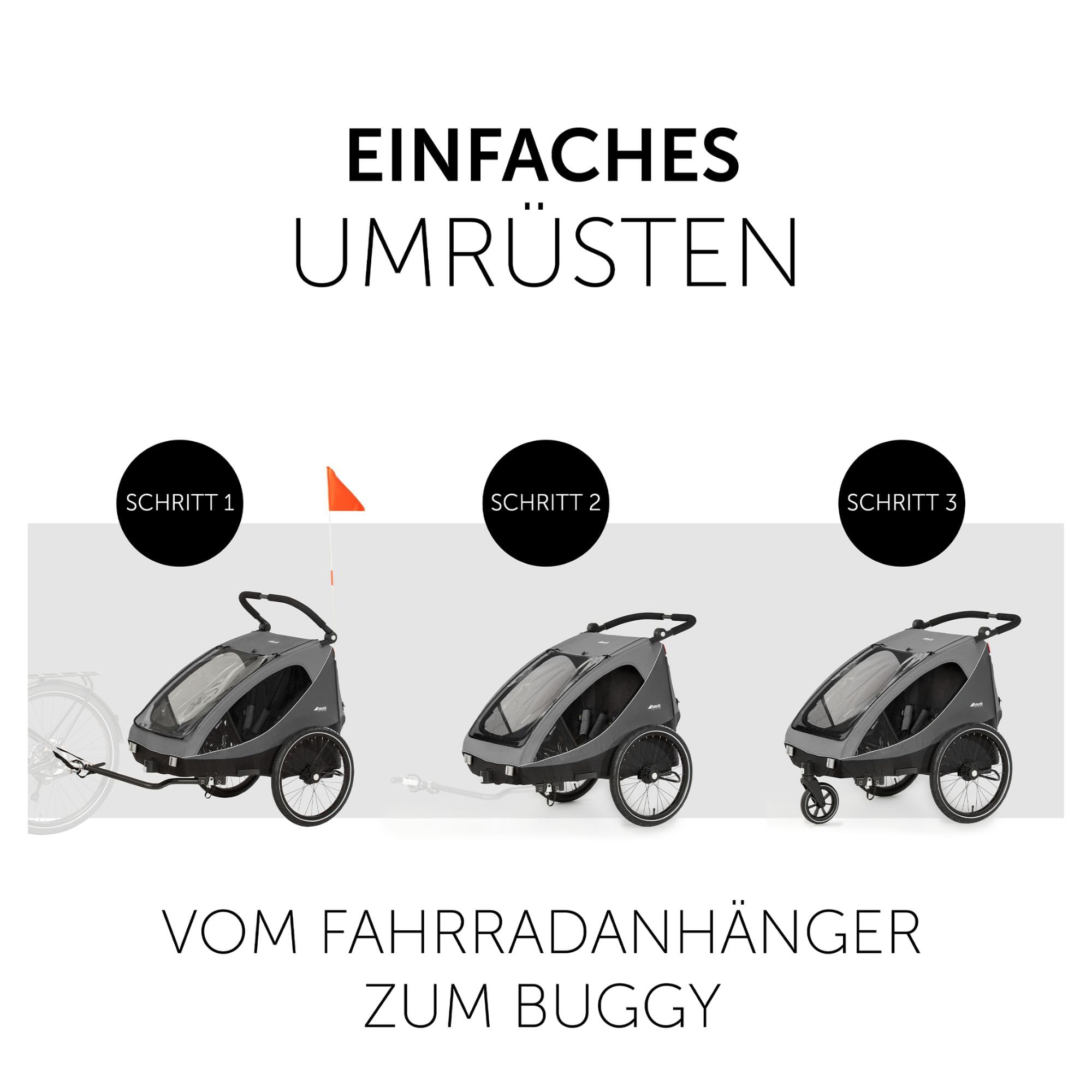 hauck 2in1 Fahrradanhänger Dryk Duo Set inkl. Baby Lounger | Zwillingsanhänger und Kinderwagen für 2 Kinder | faltbar & gefedert, XL Luftreifen