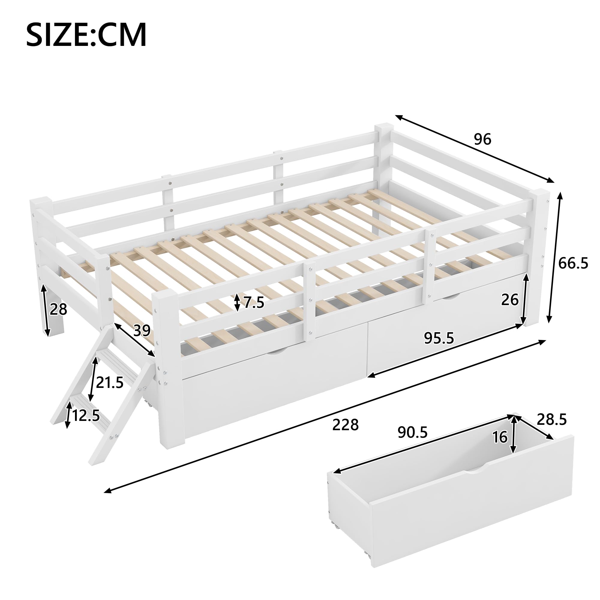 Łóżko platformowe 90 x 200 cm z poręczą ochronną i 2 szufladami, białe, MDF i sosna, dla dzieci