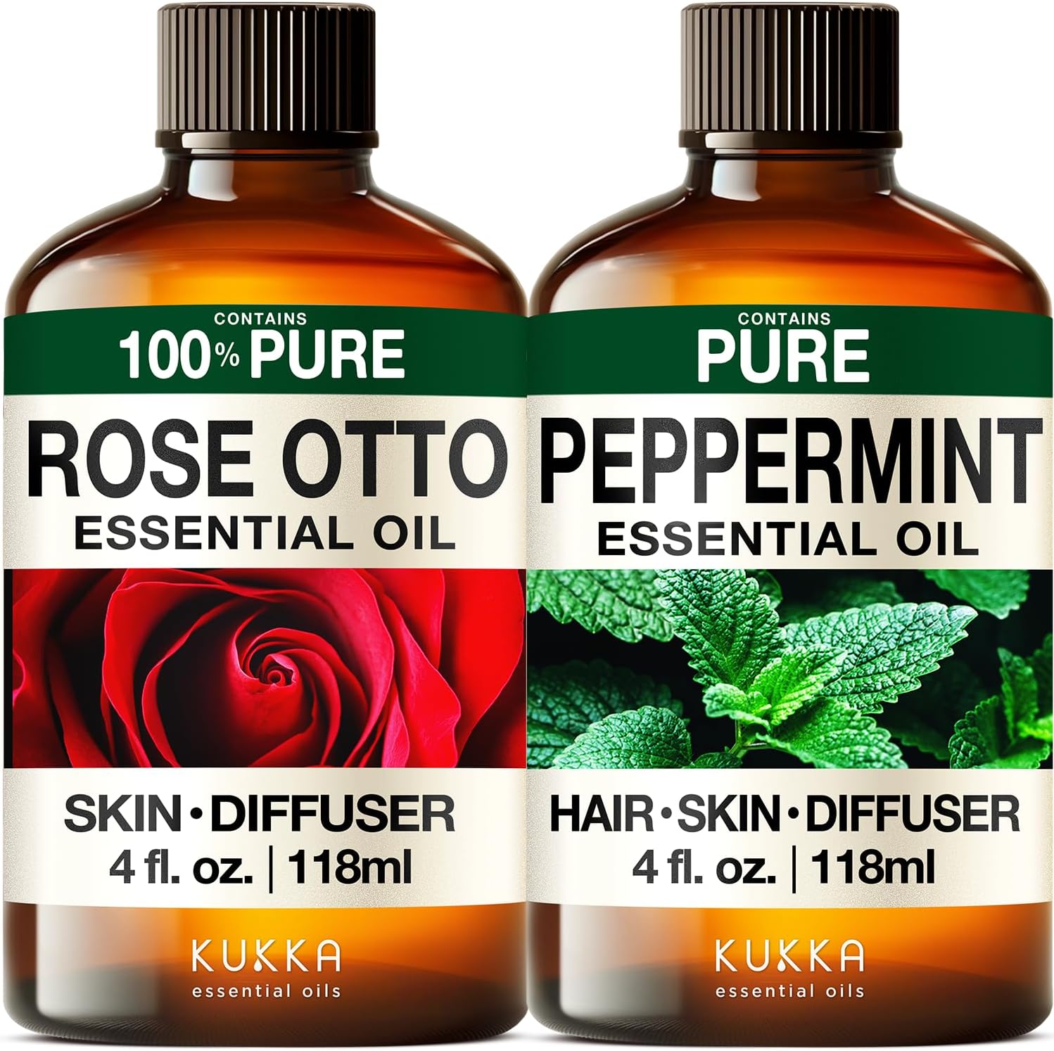Rose Essential Oils for Skin Use & Peppermint Oil for Hair - Aromatherapy Grade Essential Oils Set - 2x4 fl oz - Kukka