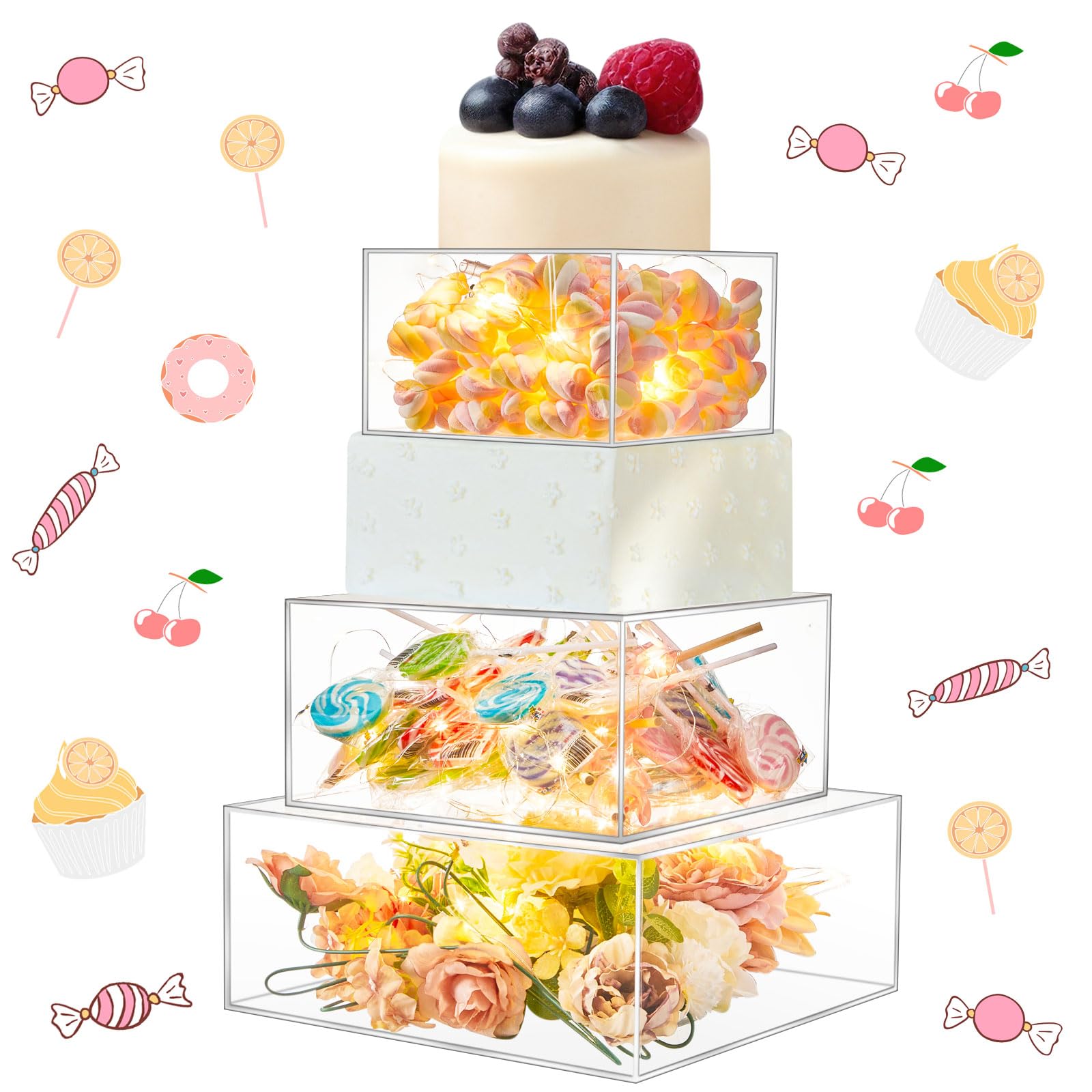 3 Pcs Square Acrylic Cake Stand 3 Tier Clear Fillable Cake Riser with LED String Light 10''/12''/14' Cupcake Stand with Lid for Christmas Wedding Birthday Party