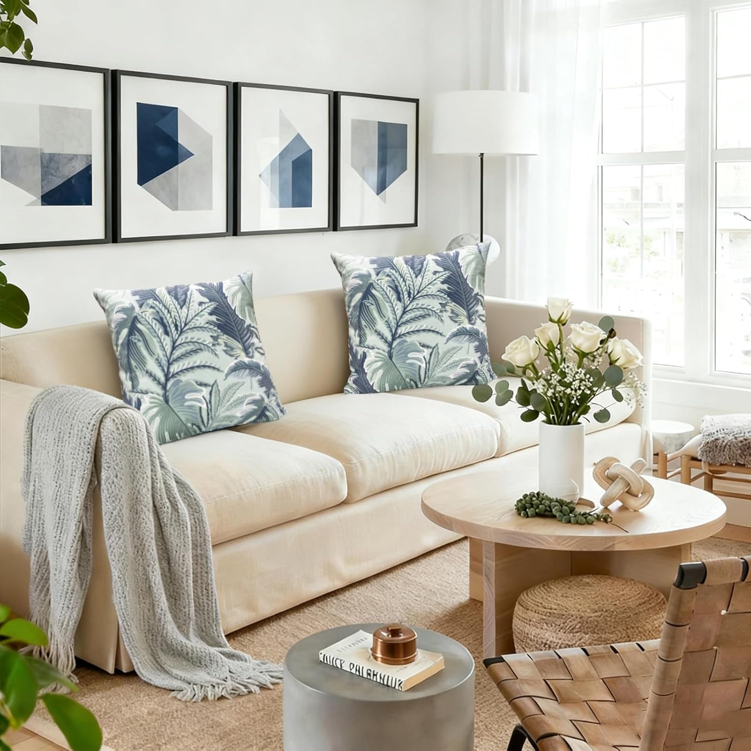 18x18 inch Decorative Throw Pillow Covers Set of 2, Super Soft Blue Green Large Leaves Farmhouse Pillow Cases Outdoor Pillow Covers for Couch Sofa Bed Living Room Home Decor Cushion Covers - Image 3