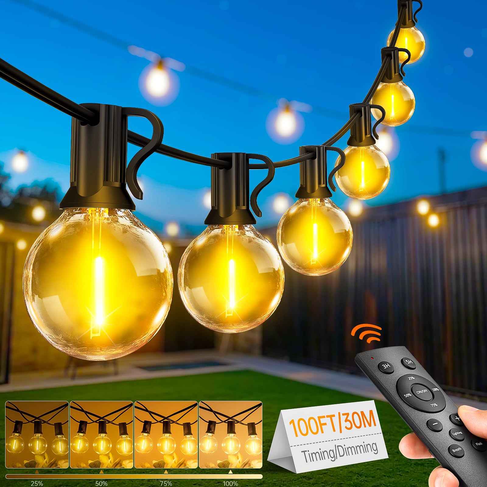 Guirnaldas Luces LED Exterior Jardín 30M/98FT - LED Cadena de luz G40 Bombillas IP44 Impermeable Dimmable Guirnalda iluminacion para Garten Patio Terraza Fiesta