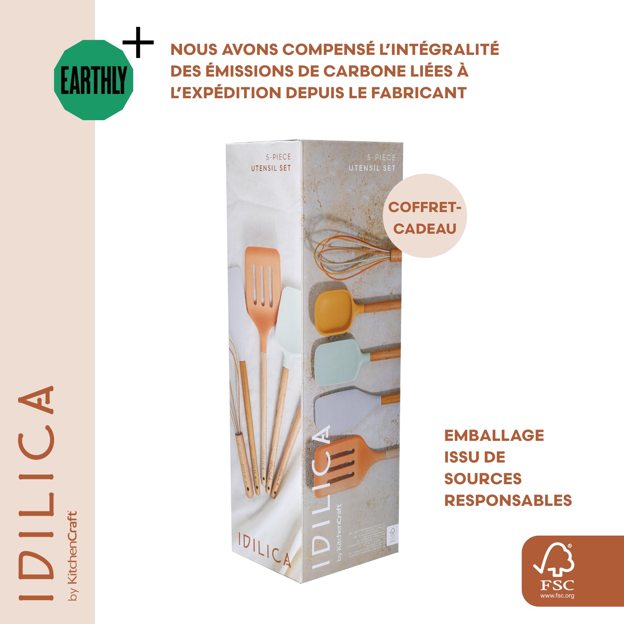 KitchenCraft Idilica Silicone Tool Set, 5pc Cooking Utensil Set with FSC Beechwood Handles, Multi-Colour Kitchen Tools