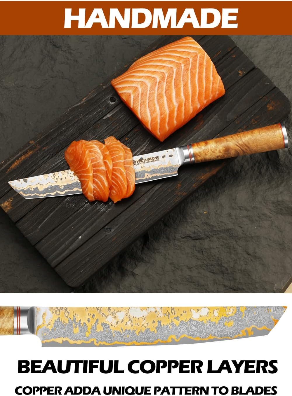 YOUSUNLONG Sashimi Slicing Knife - 8 Inch Sujihiki Yanagiba Knife - Super Sharp Slice - Japanese Handmade Copper Damascus Steel Blade - Naturel Burl Wooden Handle with Leather