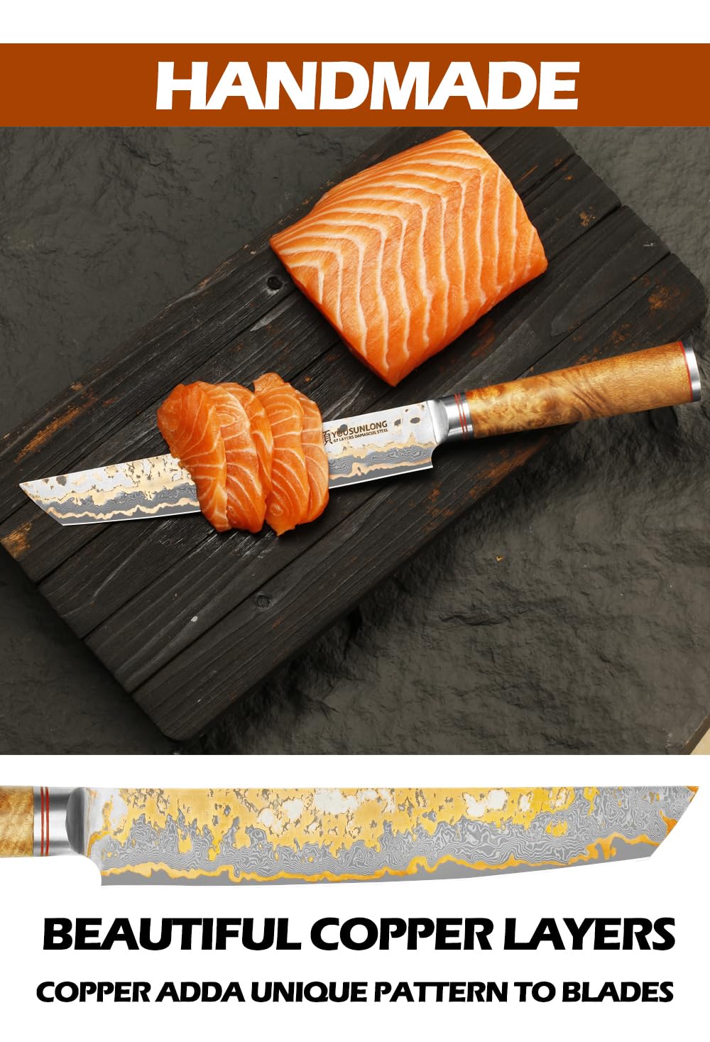 YOUSUNLONG Sashimi-Schneidemesser - 215mm Sujihiki Yanagiba Messer - Superscharfer Schnitt - Japanische handgefertigte Kupfer-Damaszener-Stahl Klinge - Naturel Burl Holzgriff mit Leder