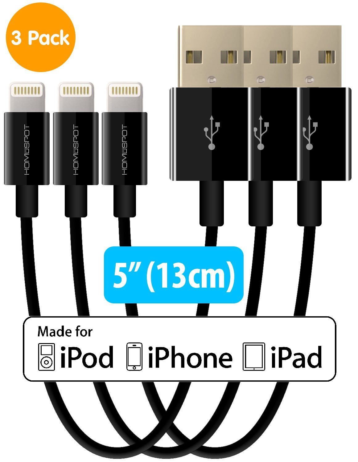 [Apple MFi Certified] HomeSpot 5" (13cm) Lightning to USB Short Cable iPhone 6, 6 Plus, 5s, 5c, 5, iPad Air, Air2, Mini, Mini 2, 4th, iPod Touch 5th, Nano 7th - Compatible with iOS 9 (3 Pack - Black)