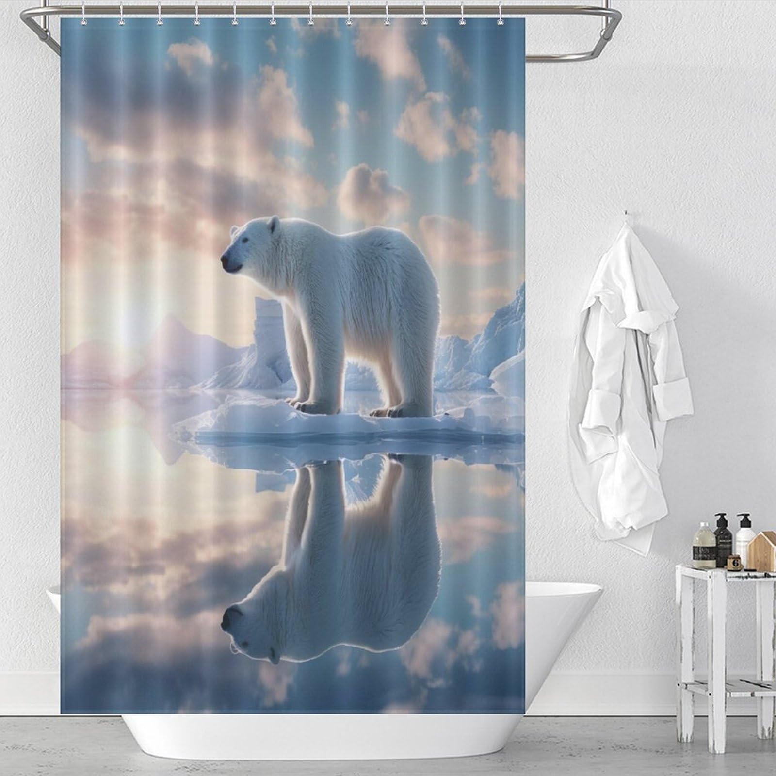 Rideau de bain imperméable et lavable motif ours polaire avec crochets