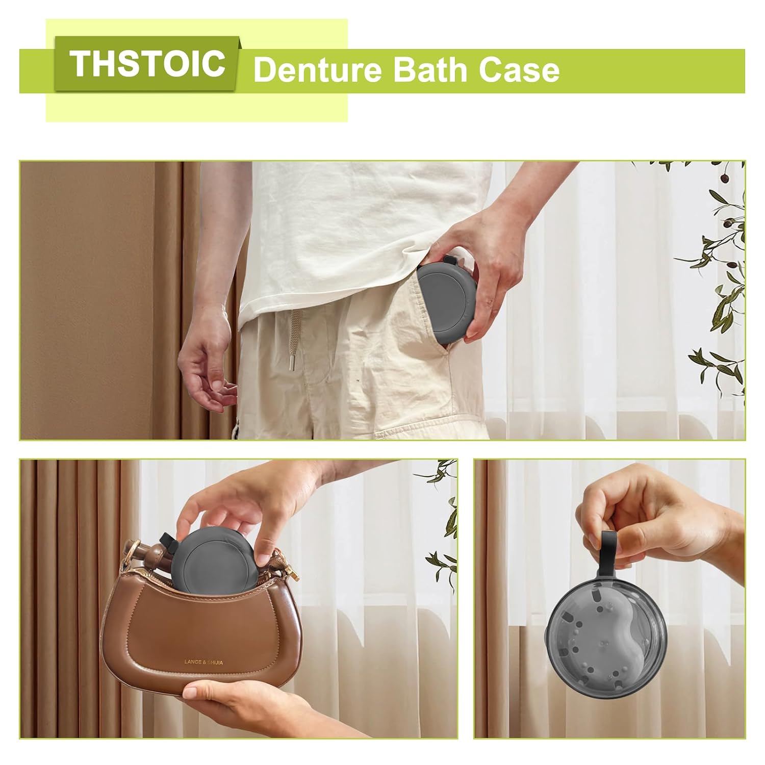 Denture Case & Cup, Travel Retainer Case with Mirror, No-Leak False Teeth Cleaning Container: Full & Partial Dentures Soaking, Denture Bath Holder for Mouth Guards, Braces, Aligners (Black)