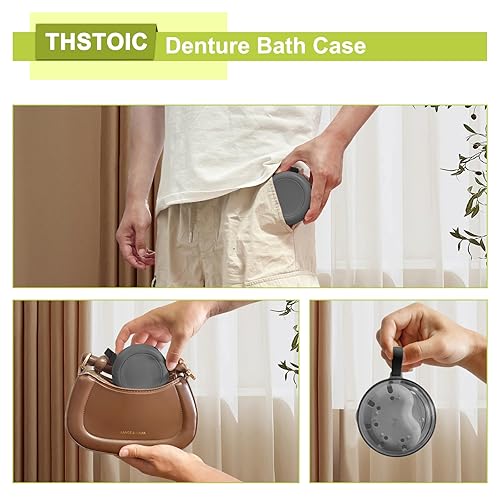 Miniatura 6 de Estuche de dentadura y vaso, estuche de retención de viaje con espejo, contenedor de limpieza de dientes falsos sin fugas remojo completo y parcial