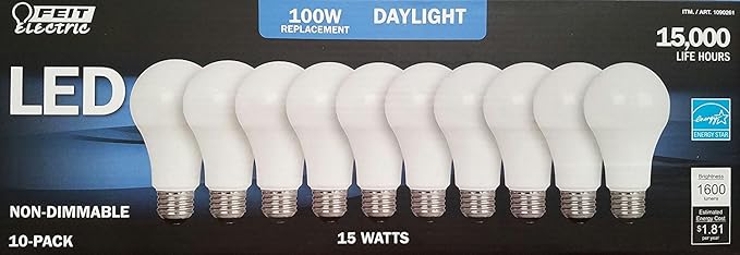 FEIT 100w LED Replacement Bulbs using 15W Daylight 5000K 1600 Lumens- 10 Pack