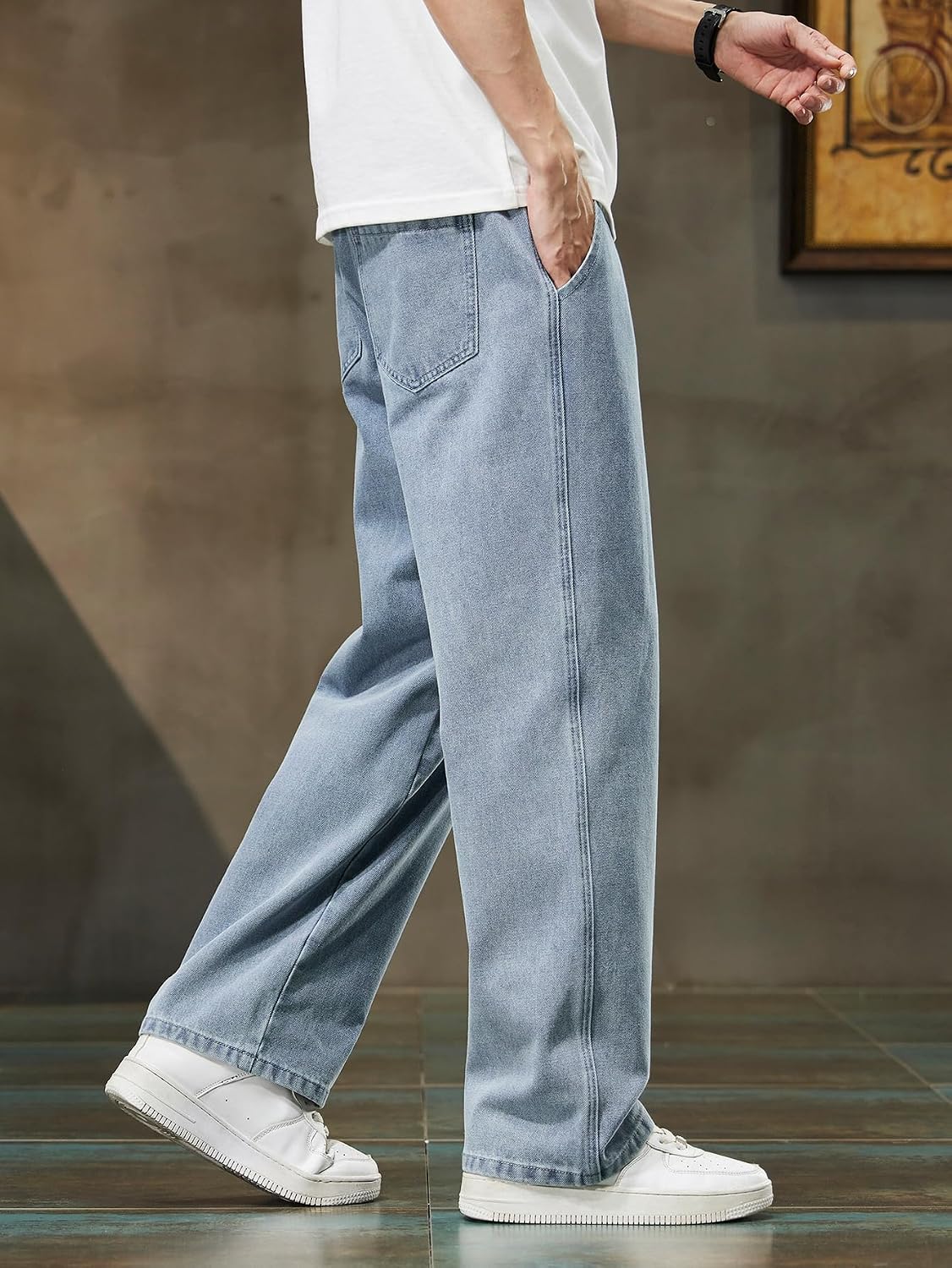 DFGIGT Men's Regular Fit Straight Leg Baggy Jeans Drawstring Elastic Waist Loose Fit Y2K Denim Pants with Pockets