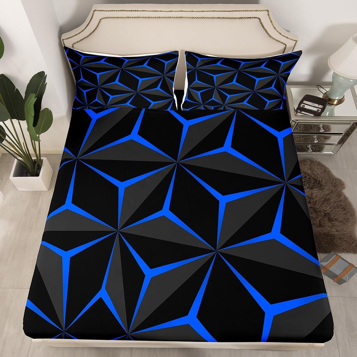 Feelyou Neon Honeycomb Sheet Set King Size,Geometric Stereoscopic Theme Teens Boys Bedding Set,Adults Bedroom Decoration 3D Blue Print Fitted Sheet All Season