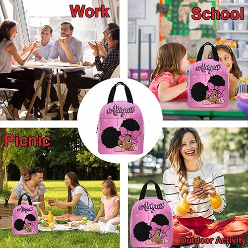 Miniatura 5 de Lonchera con nombre personalizado para niños, color rosa claro, patrón brillante, corbatín, reutilizable, aislada, bolsa de almuerzo térmica, a