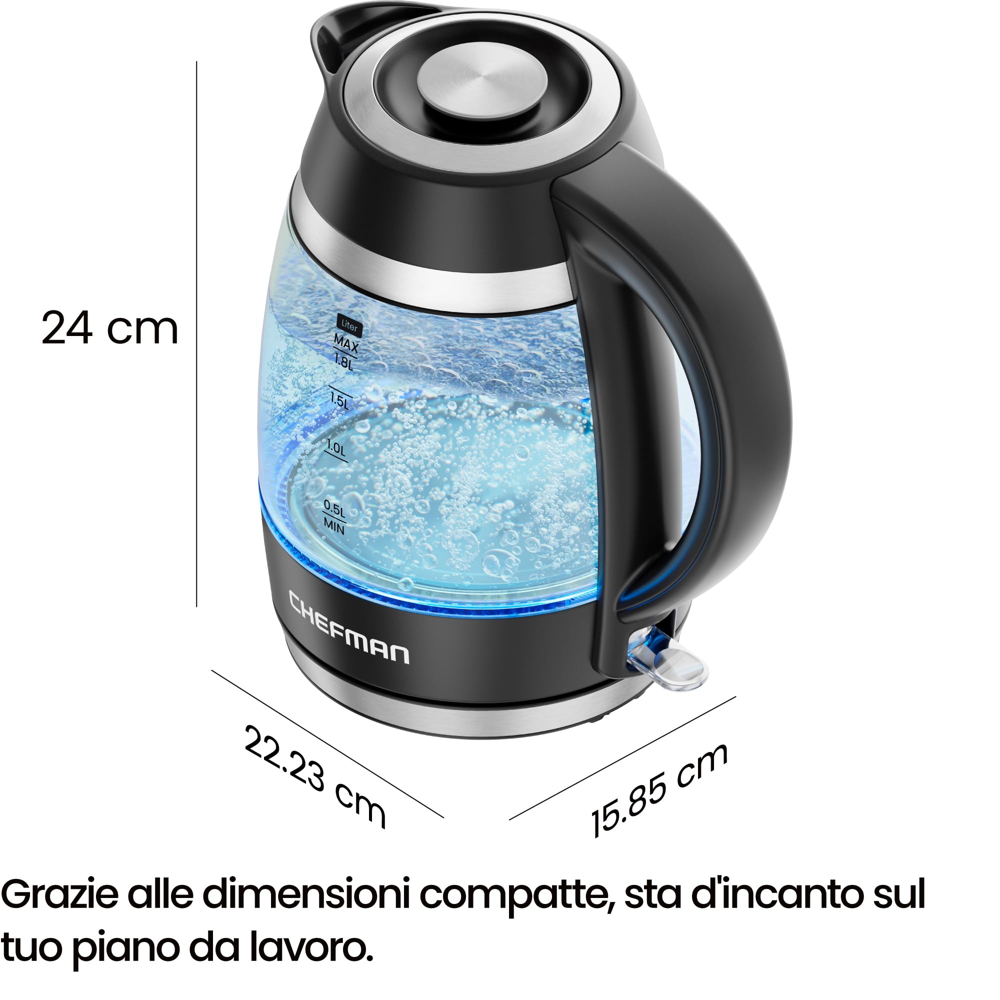 Chefman Bollitore Elettrico 1,8L 2200W, Spegnimento Automatico | Coperchio rimovibile, protezione bollitura a secco, filtro in acciaio inox
