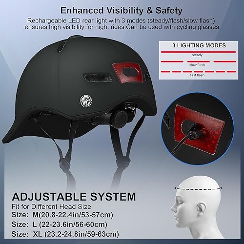 Miniatura 3 de Casco de bicicleta para adultos, hombresmujeres, luz trasera recargable por USB, certificado CPSCASTM, 2 forros extraíbles, ajustable, ligera,