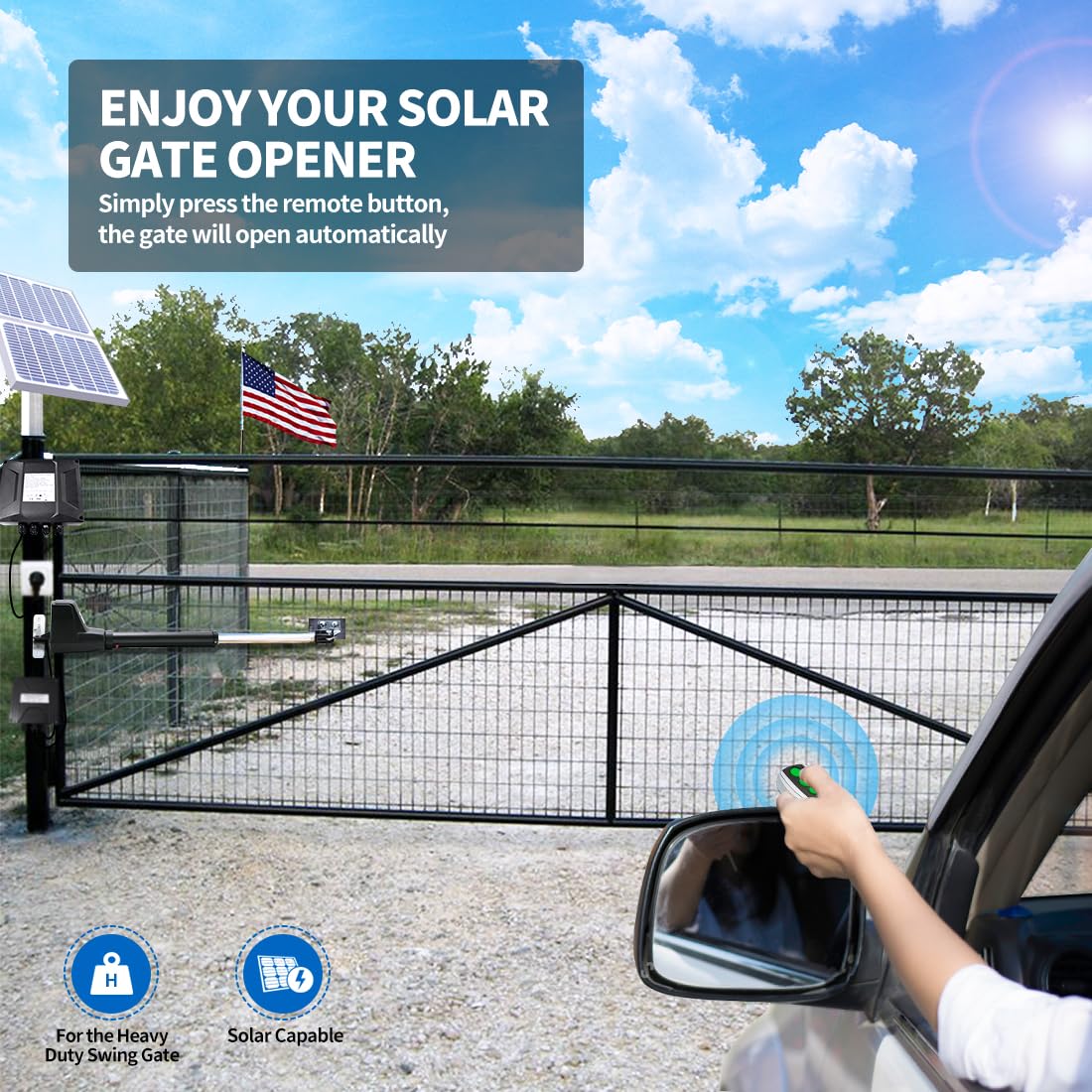 TOPENS AT12131S Ouvre-portail à battant simple solaire - Moteur automatique robuste pour portails battants simples jusqu'à 5,5 m - Alimentation CA - Avec kit de télécommande à panneau solaire
