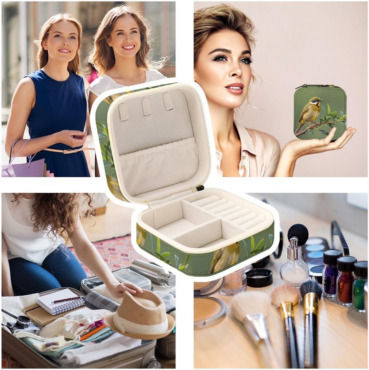 Outdoor Olive Green Flowering Birds Travel Jewelry Case, Mini Jewelry Holder Organizer Box Multi-functional Jewellery Box for Ring Earrings Necklace Bangle,Gifts for Women image 4