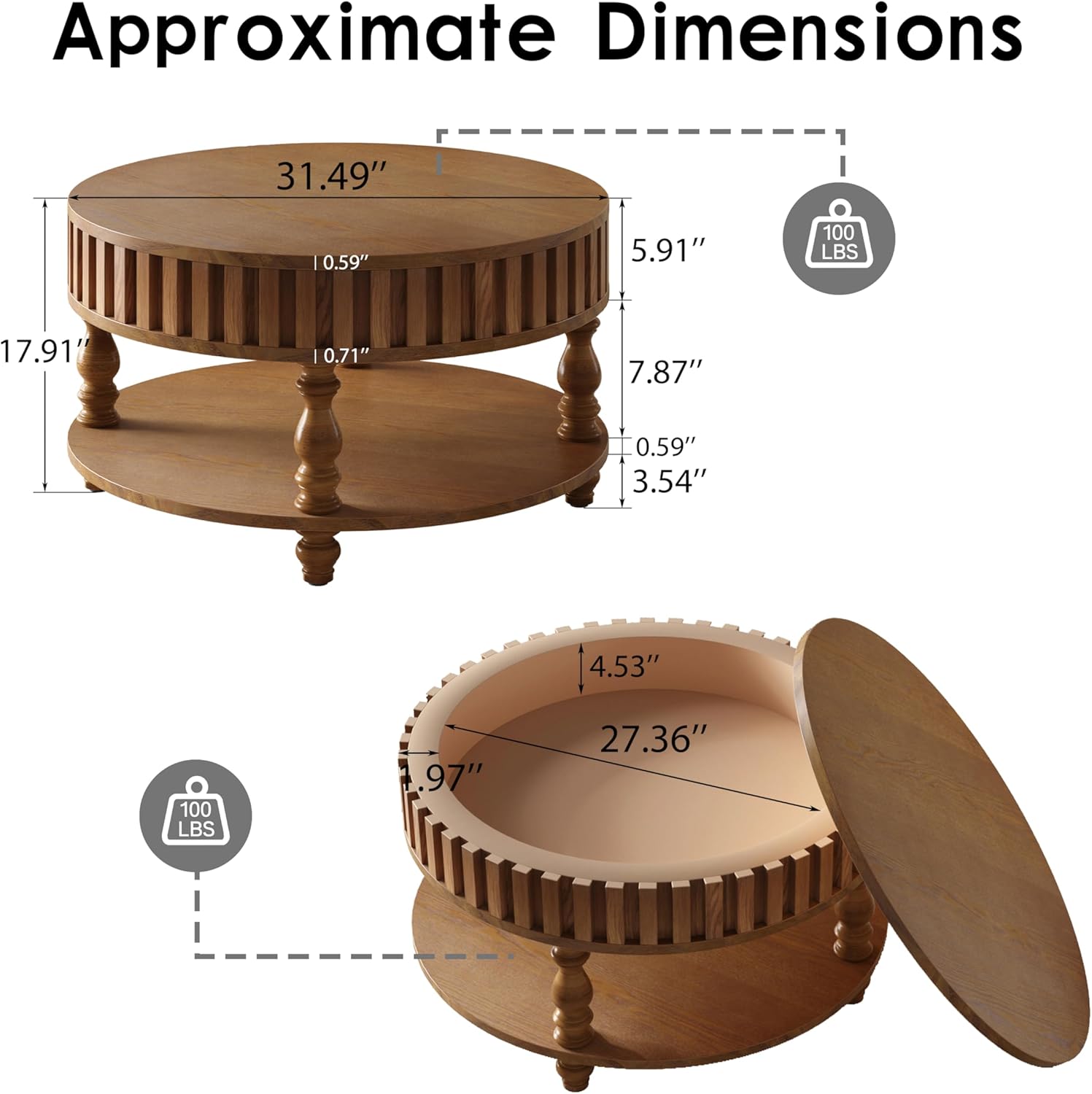 TesNus 31.5'' Round Coffee Table with Storage, Modern Wood Coffee Table for Living Room, Small Center Table with Hidden Compartment & Open Shelf, Farmhouse Boho Mid Century Coffee Tables, Brown