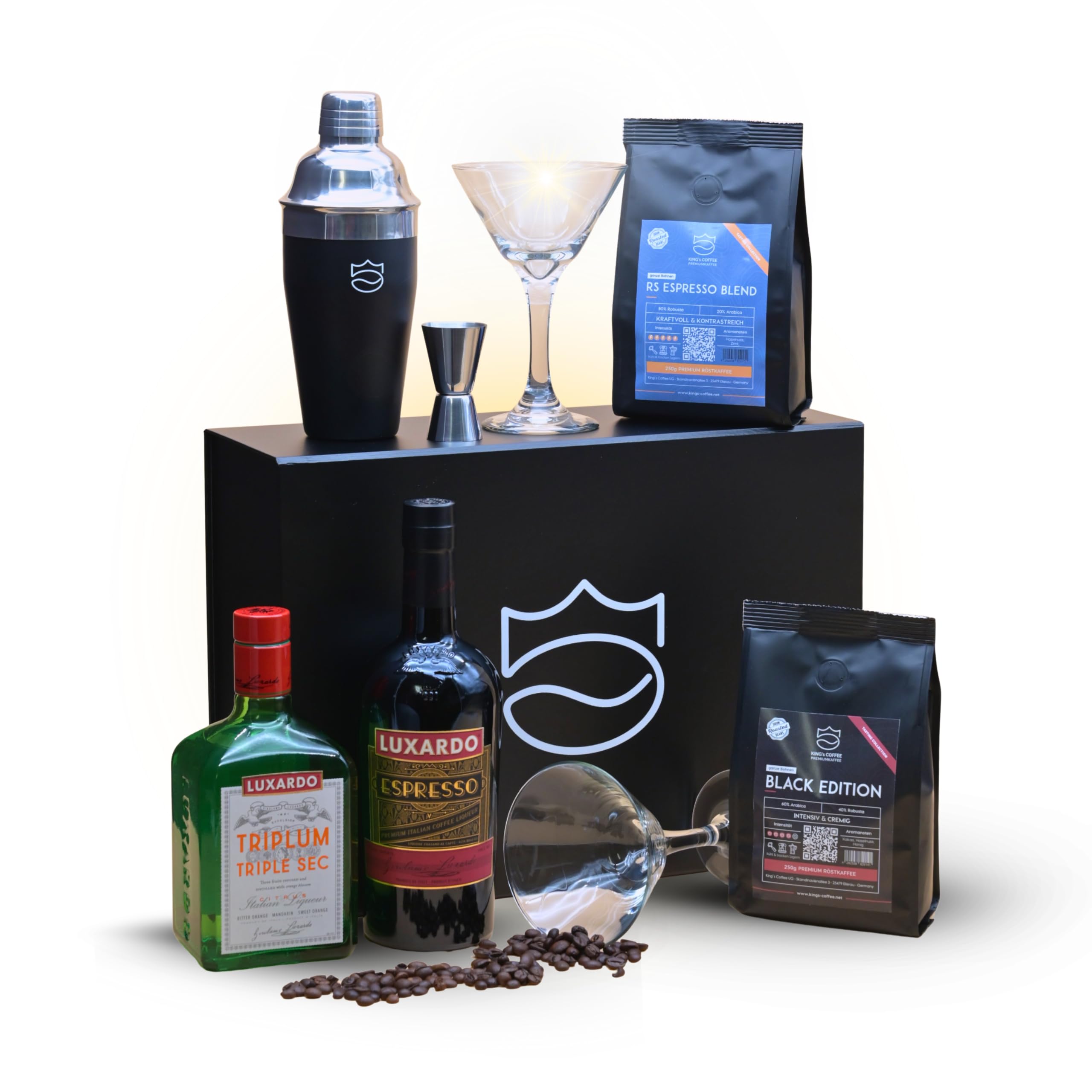 King's Coffee | Espresso Martini Box | Premium Cocktail Geschenkset für Kaffeeliebhaber| DIY Kit mit Kaffee & vielfältigen Zubehör | Perfektes Männer & Frauen Geschenk | Bar-Qualität für Zuhause