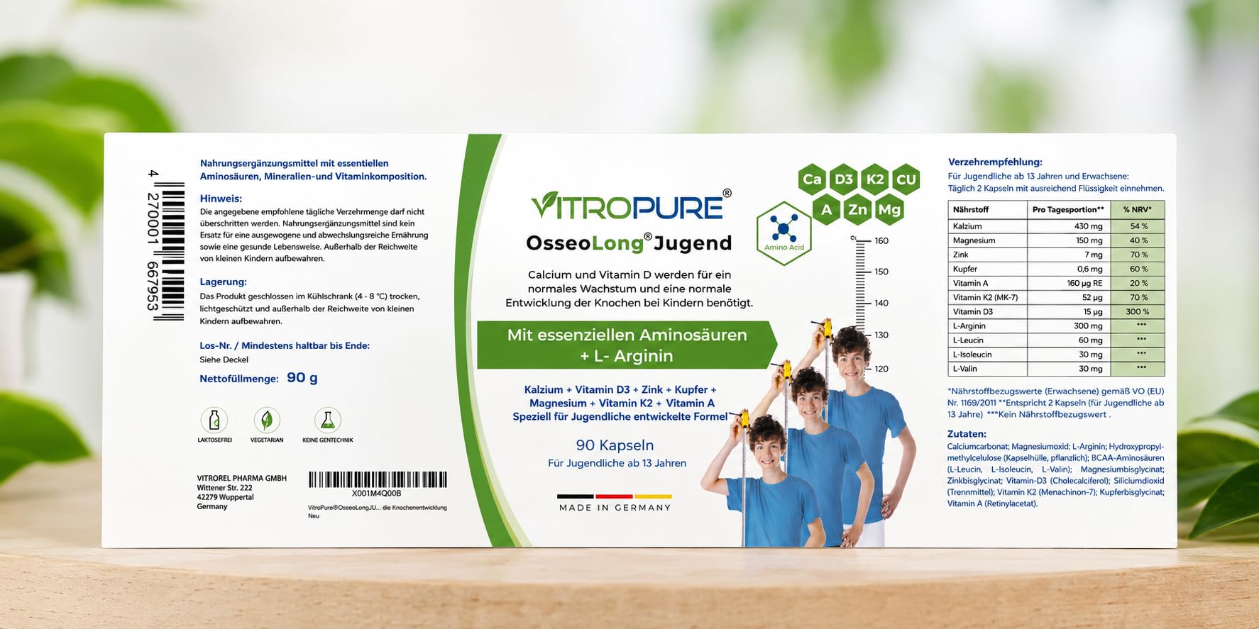 OsseoLong® Jugend: Einzigartige Kombination L-Arginin + verzweigtkettiger Aminosäuren (BCAAs), Kalzium, Vitamin D3, Zink und Magnesium für die Knochenentwicklung (Kapsel)