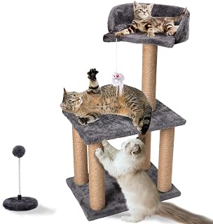 ShellKingdom Cat Tree, 3-Tier Kitty Cat Climbing Tower with Sisal Scratching Post, Mouse, Play Balls Toys-Kitten Activity Centre with Cat Perch Bed, Cat Gift (M Size)
