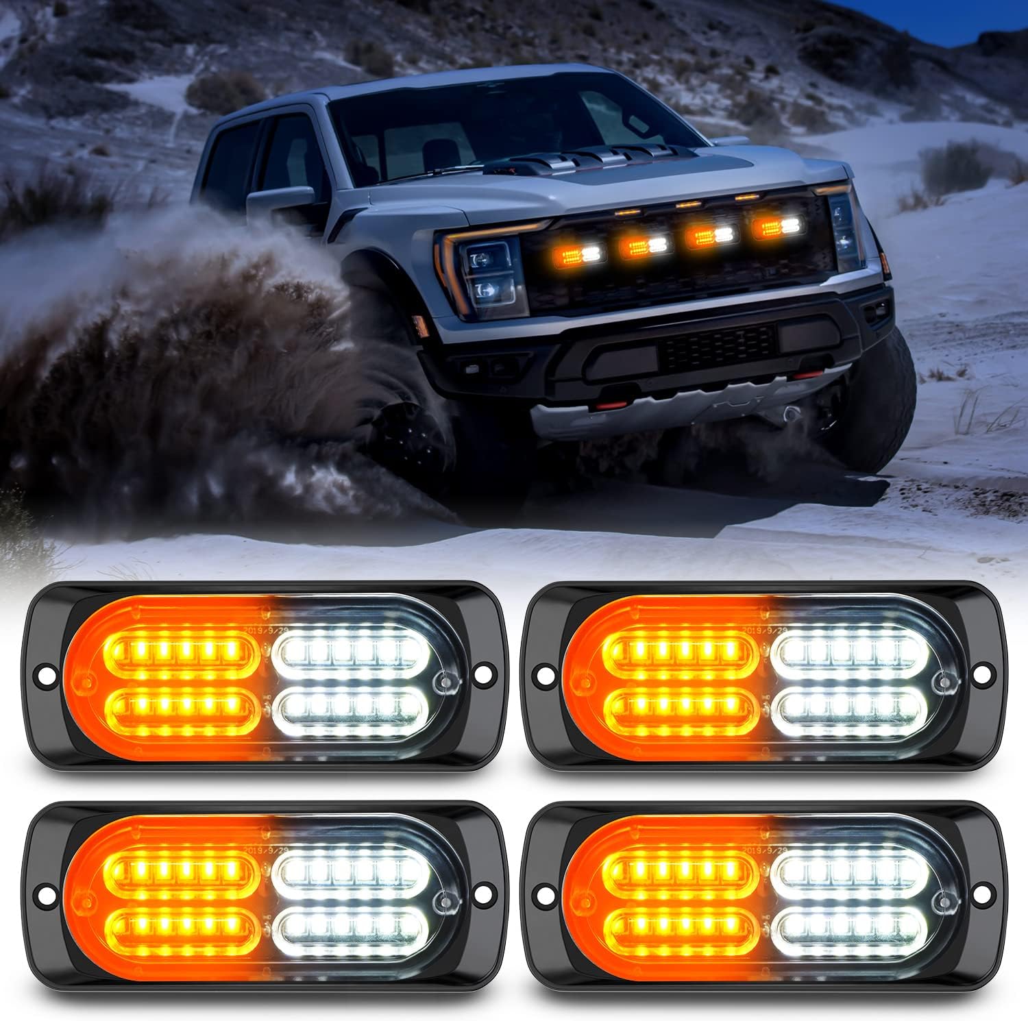 4PCS 24LED Emergency Strobe lights 12V 24V Amber White Surface Mount Grille Hazard Safety Warning Lights Sync Feature Side Flashing Marker Flash Lights for Car Truck Campers, 2 Years Warranty