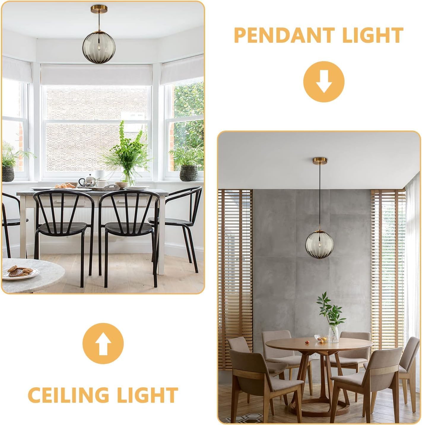 KCO Lighting Mid Century Modern Globe Pendant Light Smoke Mini Vintage Grey Glass Pendant Lighting 1-Light Single Globe Chandelier Farmhouse Kitchen Island Light Fixtures (Smoke Gray-7.9”)