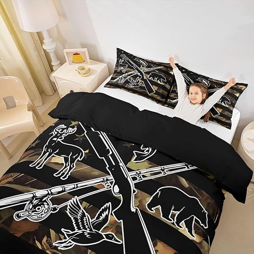 Miniatura 5 de Erosebridal Juego de ropa de cama de caza y pesca para niños y hombres, funda de edredón con bandera estadounidense de camuflaje, tamaño individual,