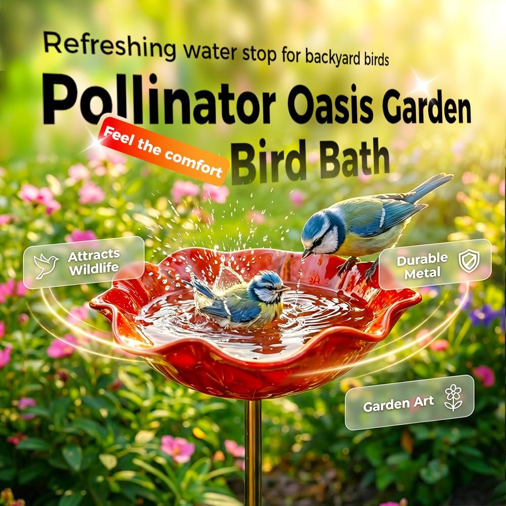 Handmade Metal Flower Garden Stake Bird Bath, Bee Watering Station for Outside, Hummingbird Fountain Butterfly Water Feeder with Flower Design, Bees Feeder Bowl for Outdoor Yard, Garden Decor (2PC)