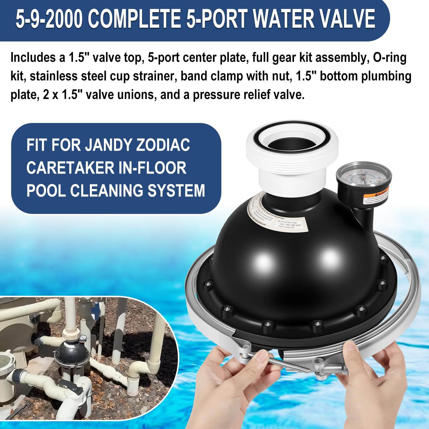 5-9-2000 Complete 5-Port Water Valve Assembly Rebuid Part Kit for 1-1/2" Ports Pool Equipment, Replacement Set Fit for Zodiac Caretaker Parts