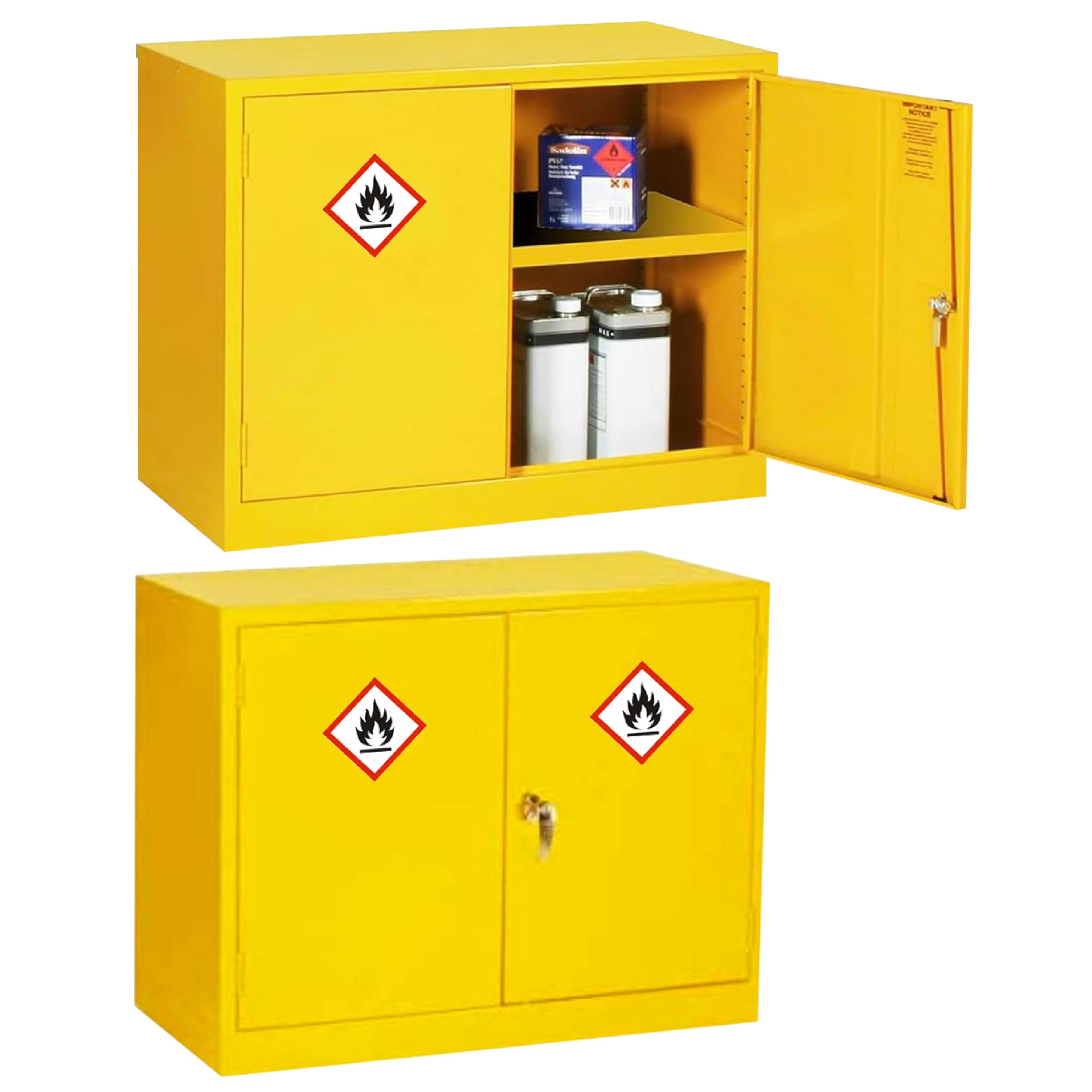 Dangerous Substance Durable And Leak Proof Cabinet, Flammable COSHH Cupboard Storage, 2 Shelves, Hi-Visibility Yellow - 710mm High x 915mm Wide x 457mm Deep (30 Litre)