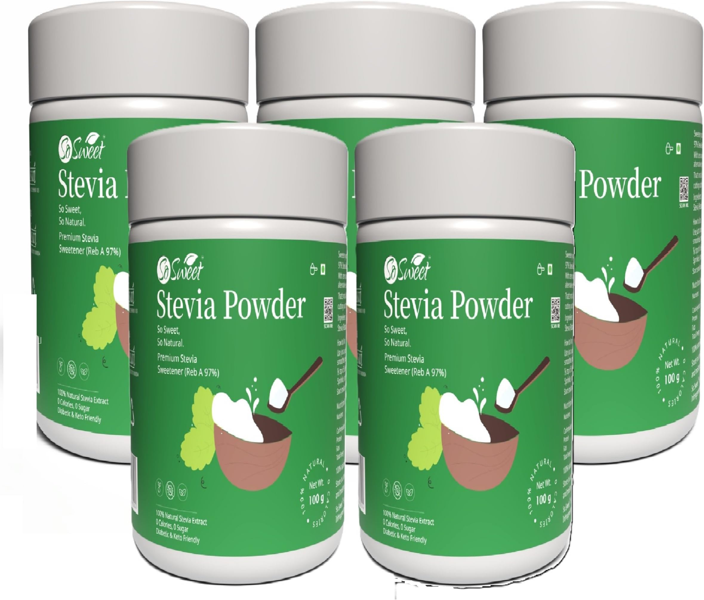 - Stevia Powder Zero Calorie Natural Sweetener - Sugar Free (Pack of 5) 100gm Each