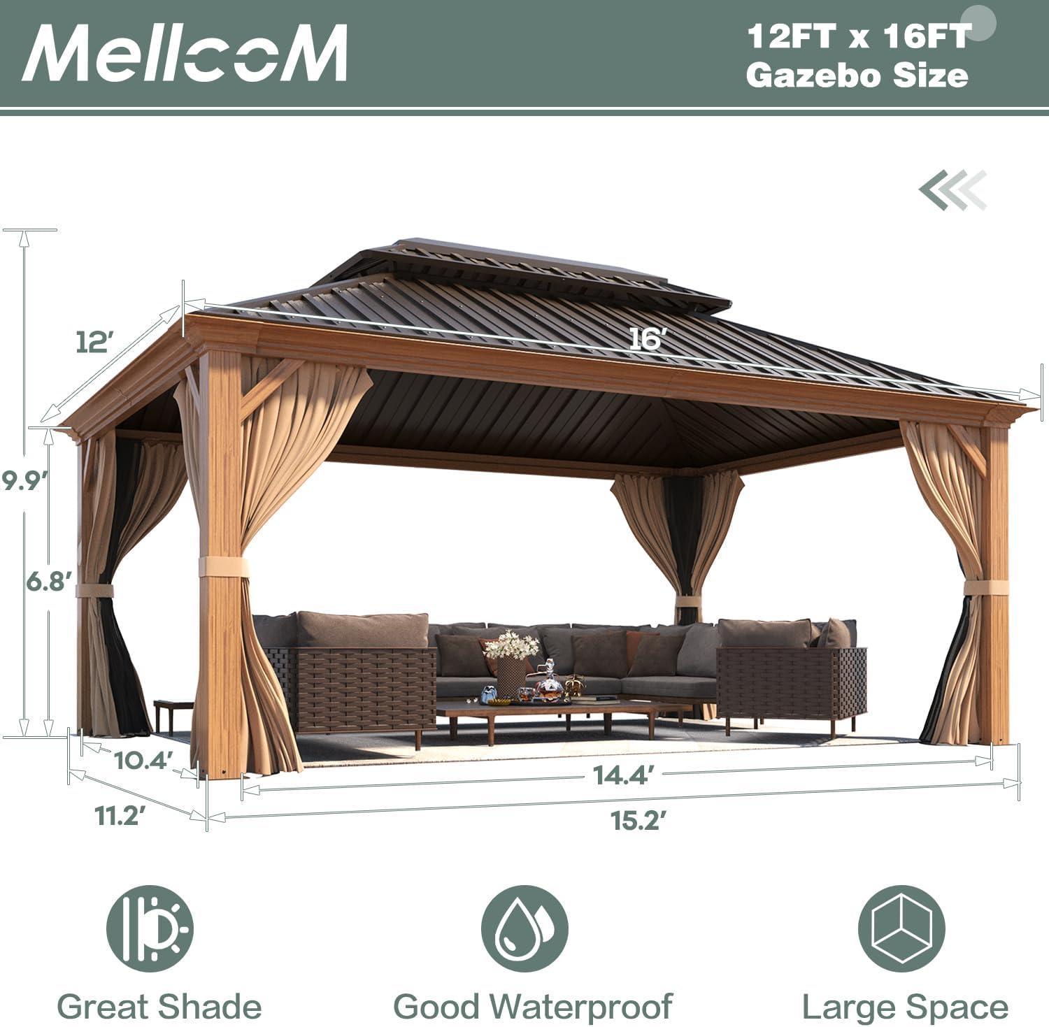 Diagram showing the dimensions of the 12'x16' gazebo, including height and base measurements.