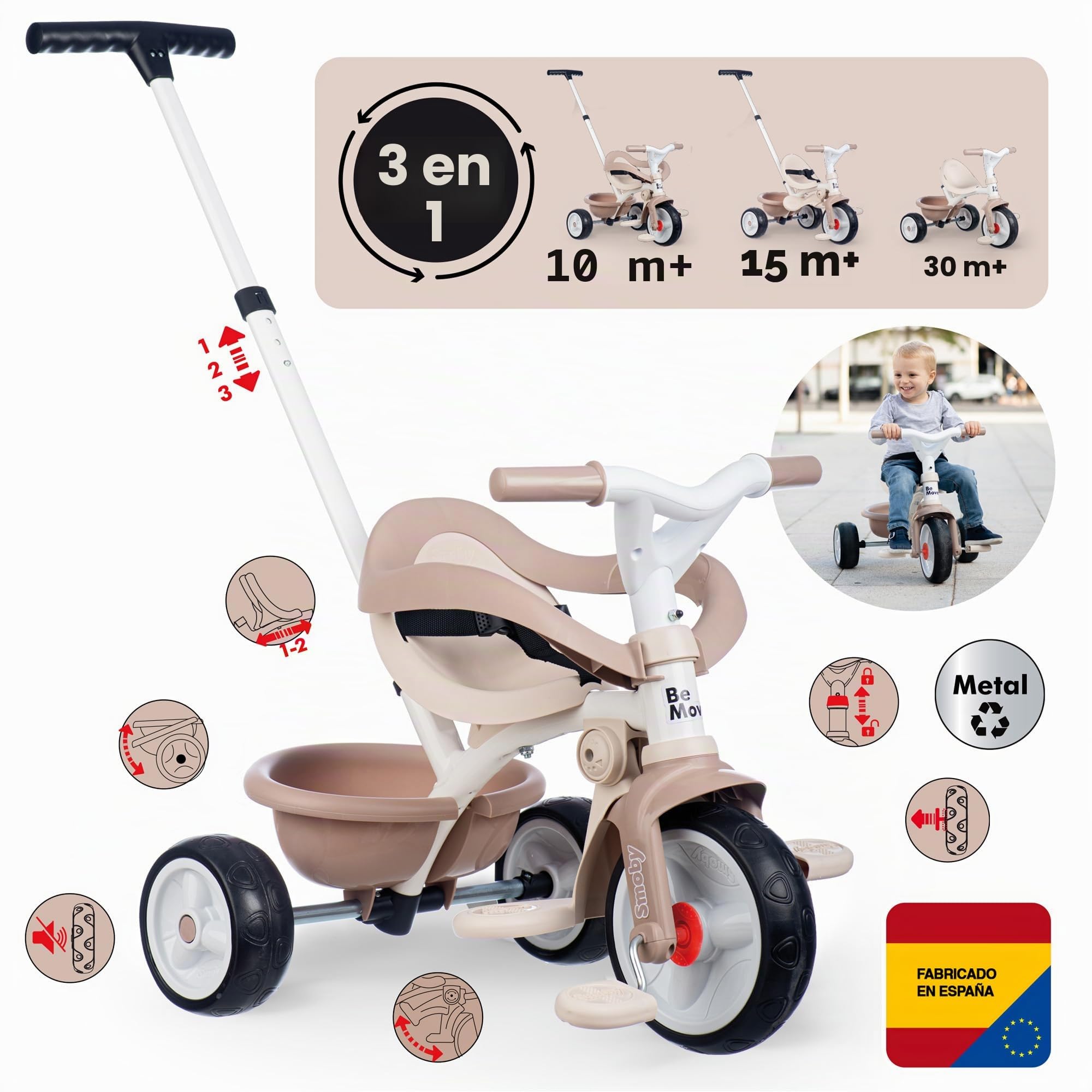 Smoby Triciclo Be Move Confort Beige - Evolutivo 3 en 1, Marco Metálico, Protección Rueda Libre, Barra de Empuje, Asiento Ajustable, Cinturón y Barra de Seguridad, Desde 10 Meses (7600740418)