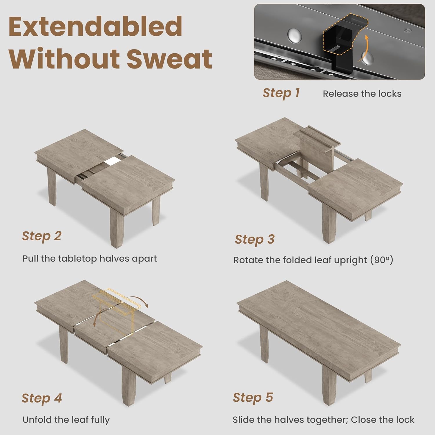 Step-by-step visual guide for extending the dining table.