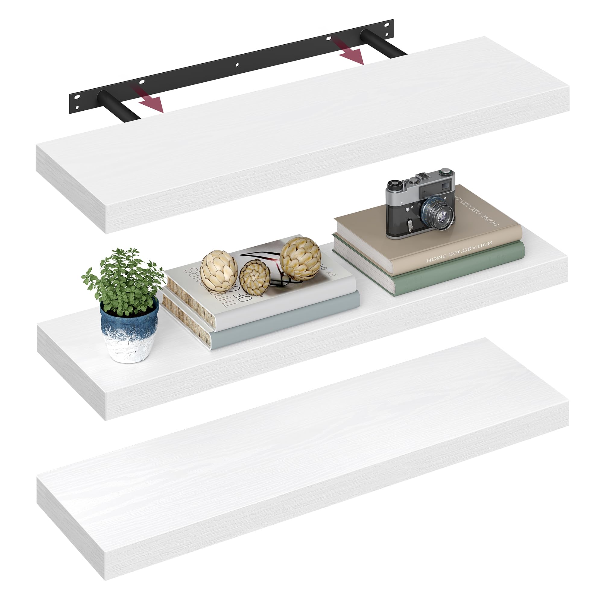 VASAGLE Wall Shelves Set of 3, Floating Shelves, Wall Mounted, 20 x 80 x 3.8 cm, for Picture Frames, Wall Decor, Living Room, Study, Kitchen, Snow White LWS028WE01-3J