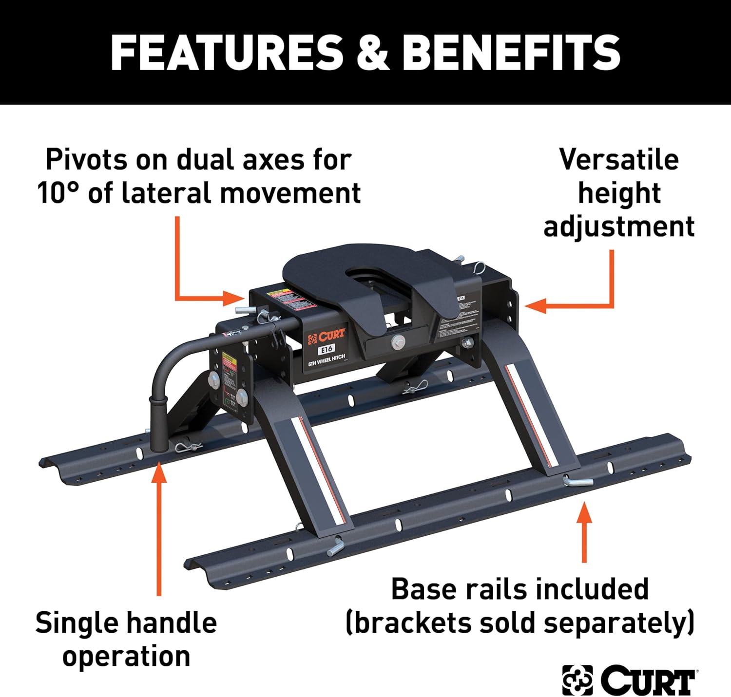 CURT 16116 E16 5th Wheel Hitch with Base Rails, 16,000 lbs